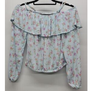 Pink Rose Women's Floral Smocked Ruffled Round Neck Half Puff Sleeves Blouse XS